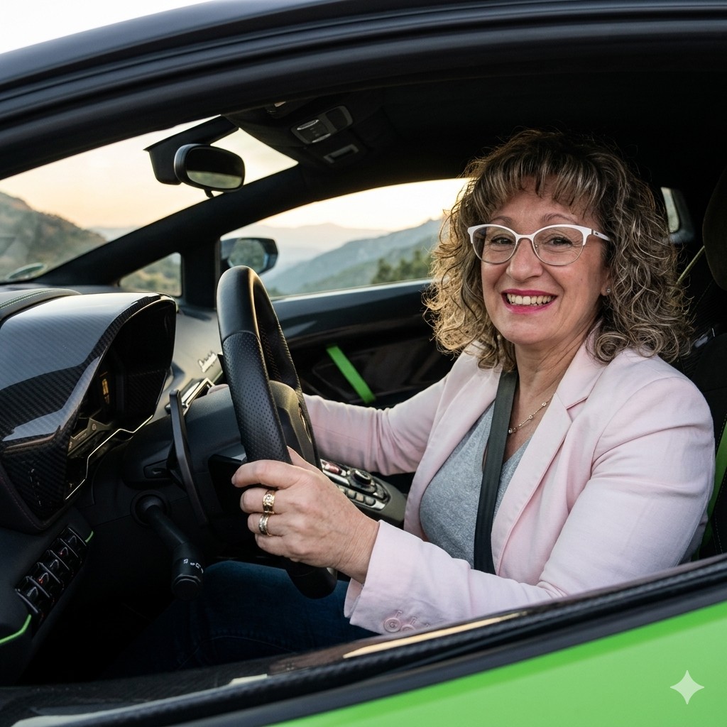 Mujer sonriente conduciendo con el cinturón de seguridad abrochado